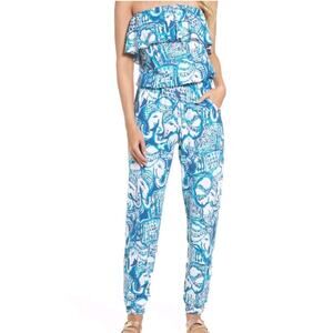 Lilly Pulitzer Sz XS AILSIE Jumpsuit in Indigo "Keep on Truckin" Print